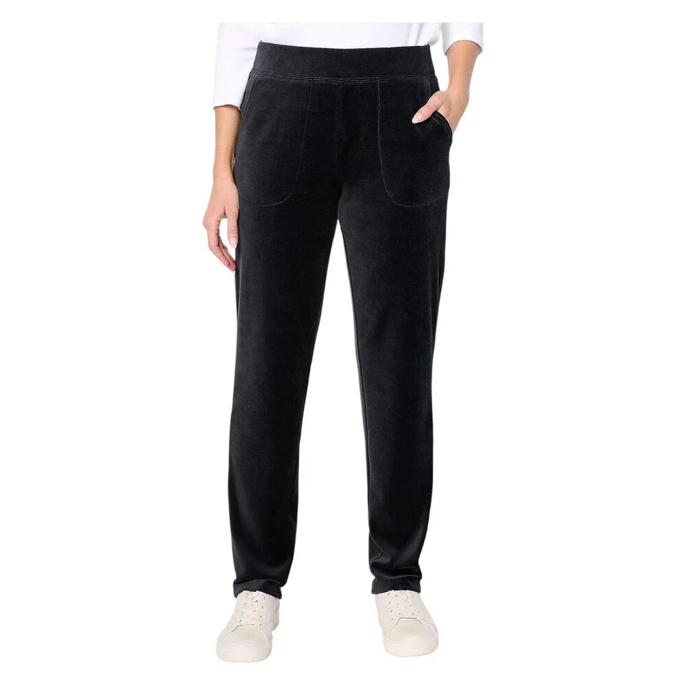 Denim & Co S Velour Straight Leg Pant Black Pull On Pockets Active A270334